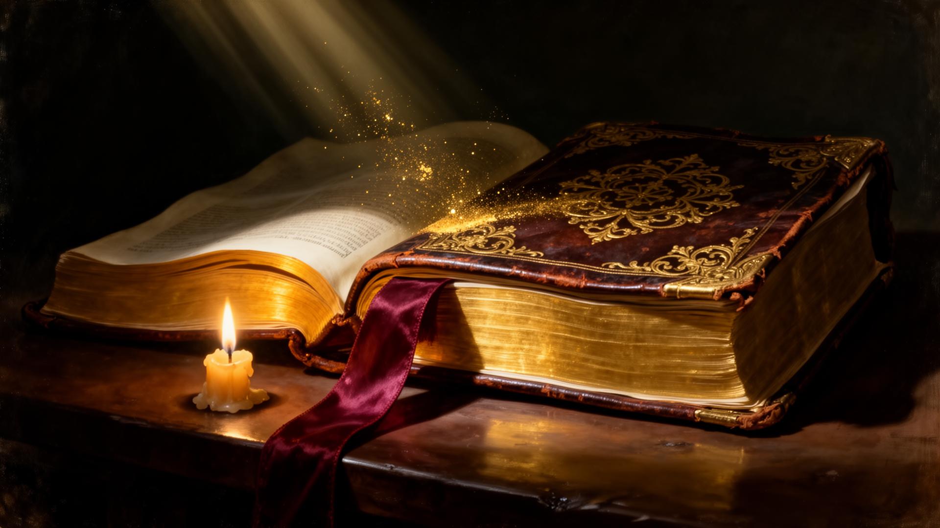 An open King James Bible illuminated by candlelight